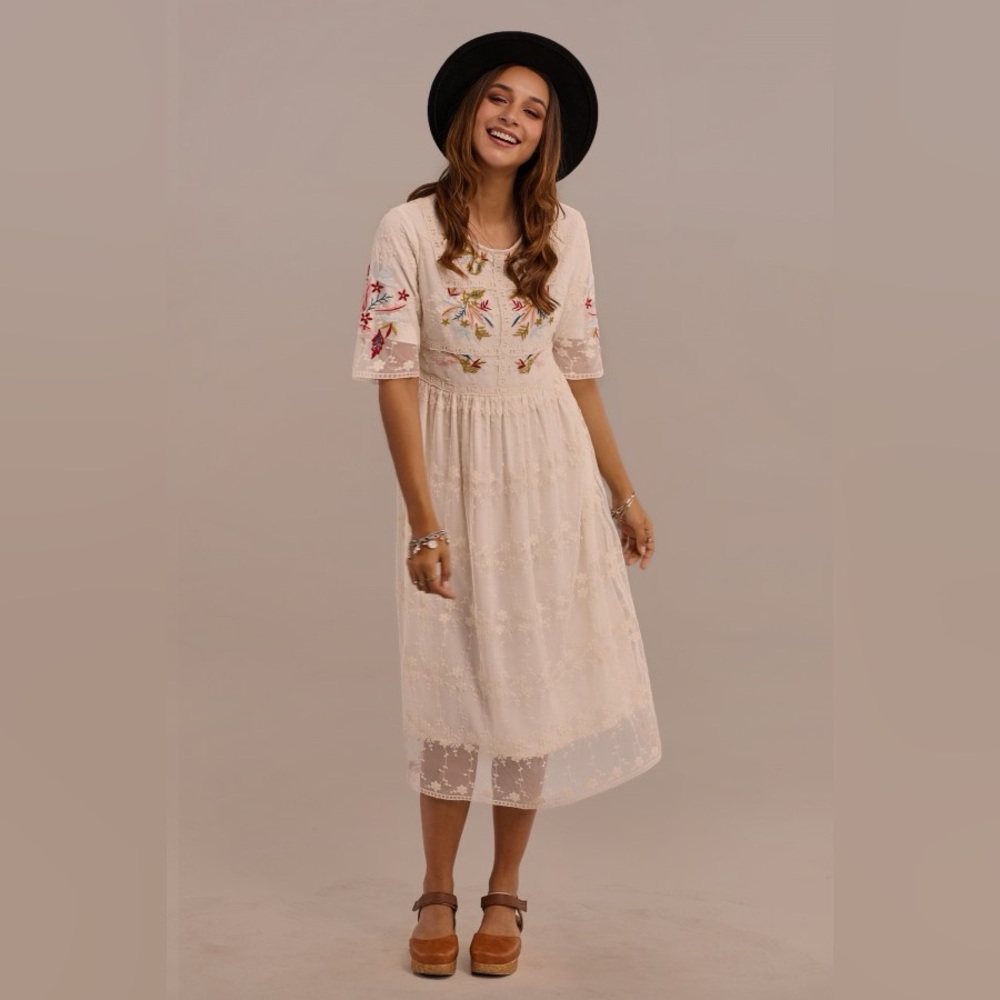 Roolee Dress - MIDI Lace Overlay Embroidered Dress